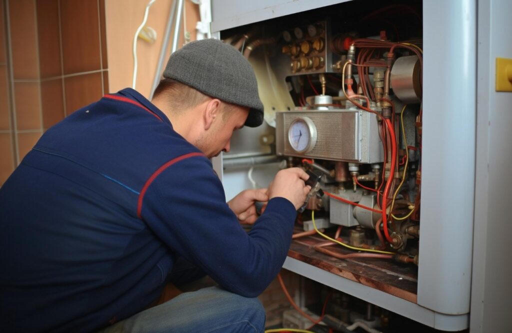 Furnace Flame Sensor Issues: What Piqua Homeowners Should Know 6 Technician repairing a furnace, focusing on internal components and wiring, relevant to furnace maintenance and flame sensor issues for homeowners in Piqua.