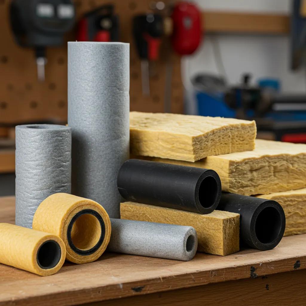 Different types of pipe insulation materials for winter protection, including foam, rubber, and fiberglass