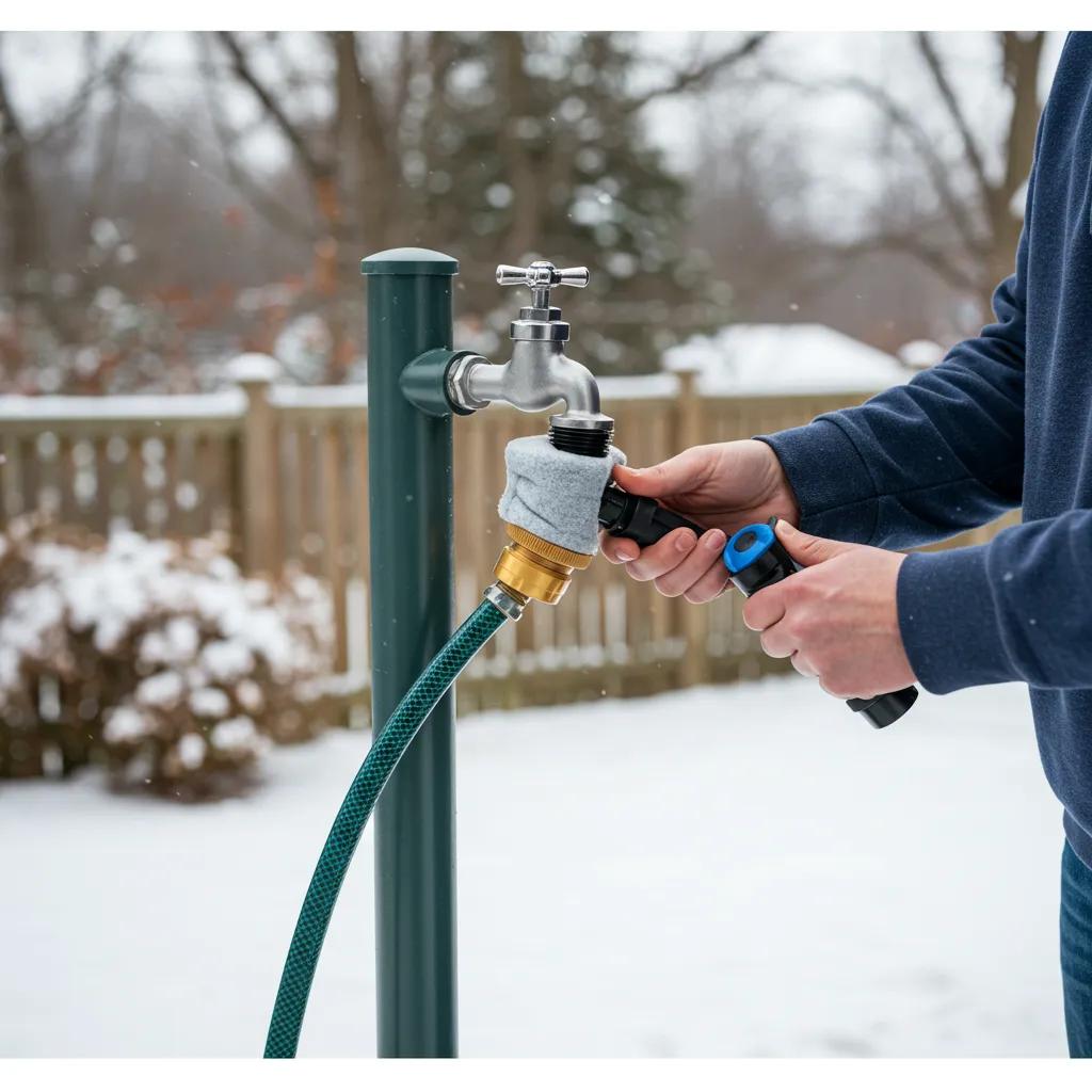 Homeowner winterizing outdoor faucet with hose disconnected and insulated cover installed