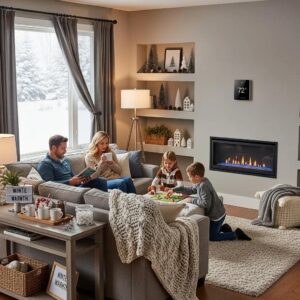 Top 5 Reasons That Your AC Is Running Continuously 1 Cozy living room with family enjoying warmth from energy-efficient heating system