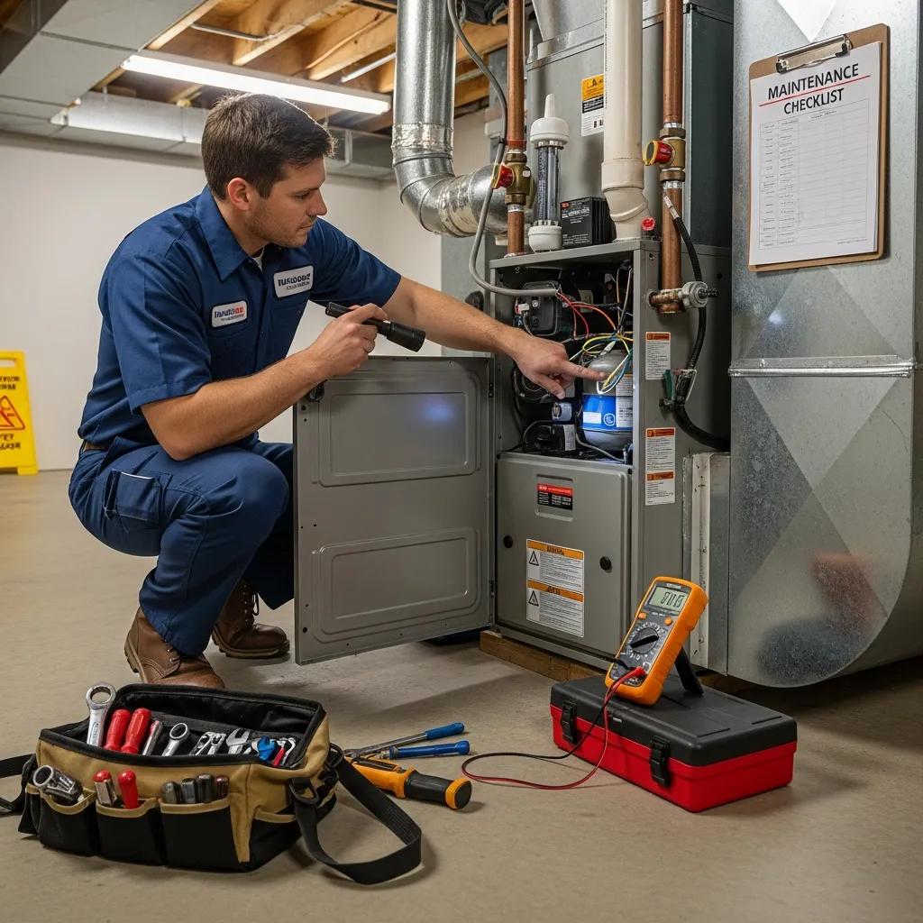 Save on Winter Costs: Energy Efficient Heating Tips 2 Technician performing a routine maintenance check on a residential furnace