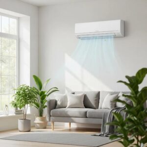 10 Heating and Cooling Tips to Lower Your Electricity Consumption in 2023 1 Modern air conditioning unit in a bright living room, emphasizing comfort and cooling