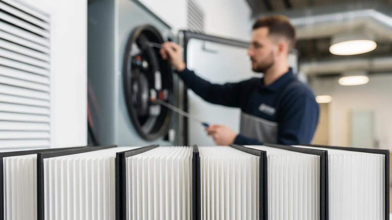Optimize Your Business with Light Commercial HVAC Solutions 3 Close-up of clean air filters and technician performing HVAC maintenance, highlighting energy efficiency benefits