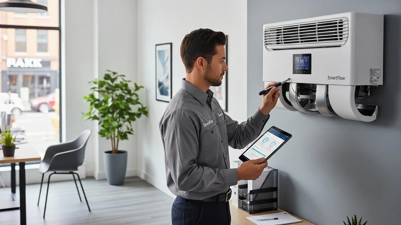 Optimize Your Business with Light Commercial HVAC Solutions 2 Technician inspecting a tailored HVAC system in a small business, showcasing maintenance and efficiency